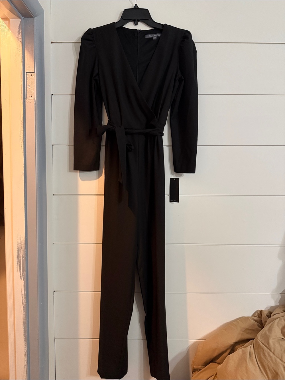 Julia Jordan Formal Black Long-Sleeve V-neck Wrap Jumpsuit with Waist Tie